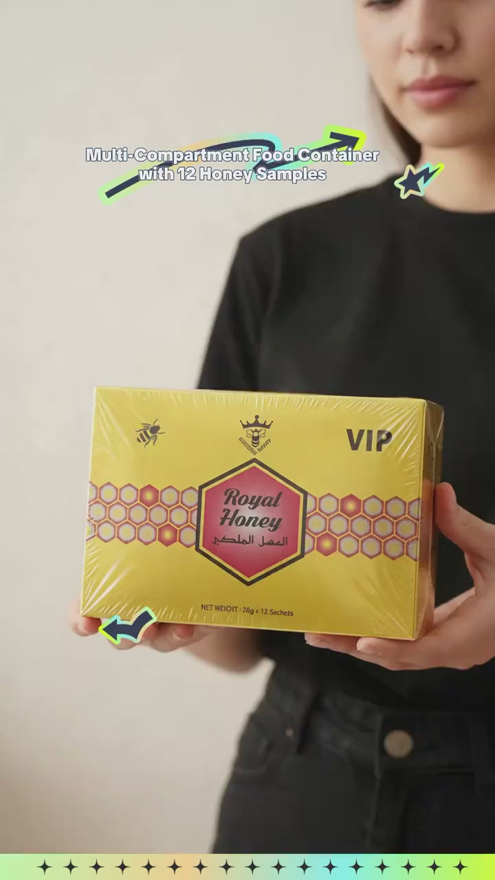 Premium Multi- Compartment Food Container Unit - Complete with 12 Single-Serve Travel Royal honey Packet Samples
